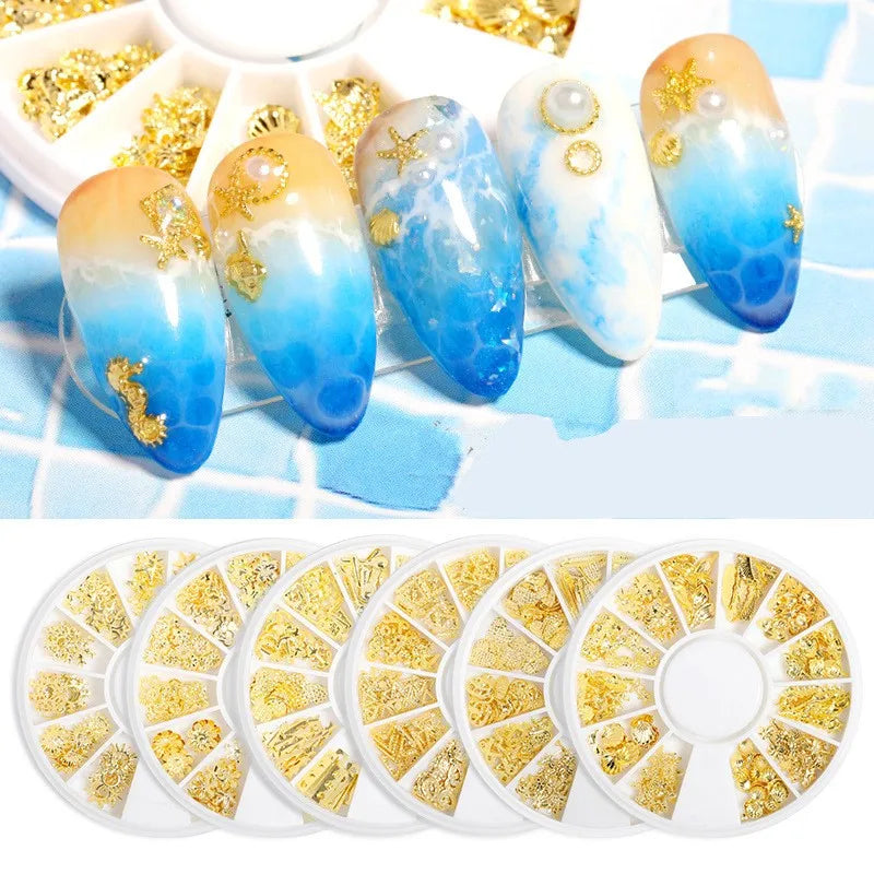 Povei 3D Mixed Rivets Nail Art Tips Moon Star Ocean Gold Irregular Alloy Rivet