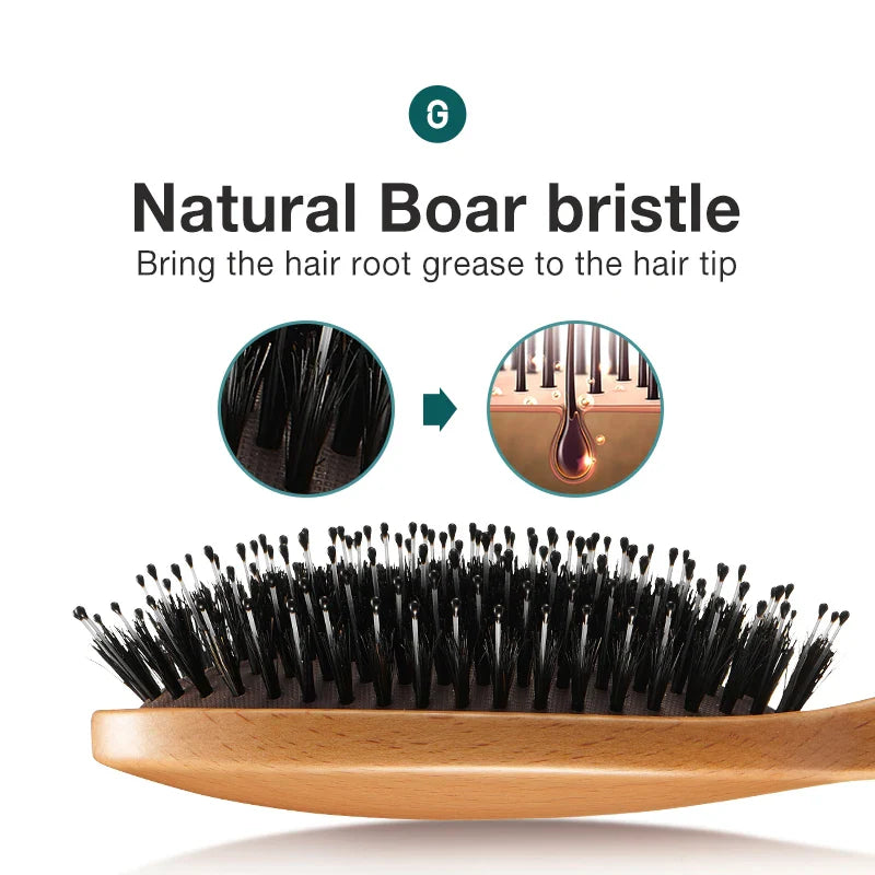 Povei Boar Bristle Hair Brush & Comb Set for Curly Thick Long Hair