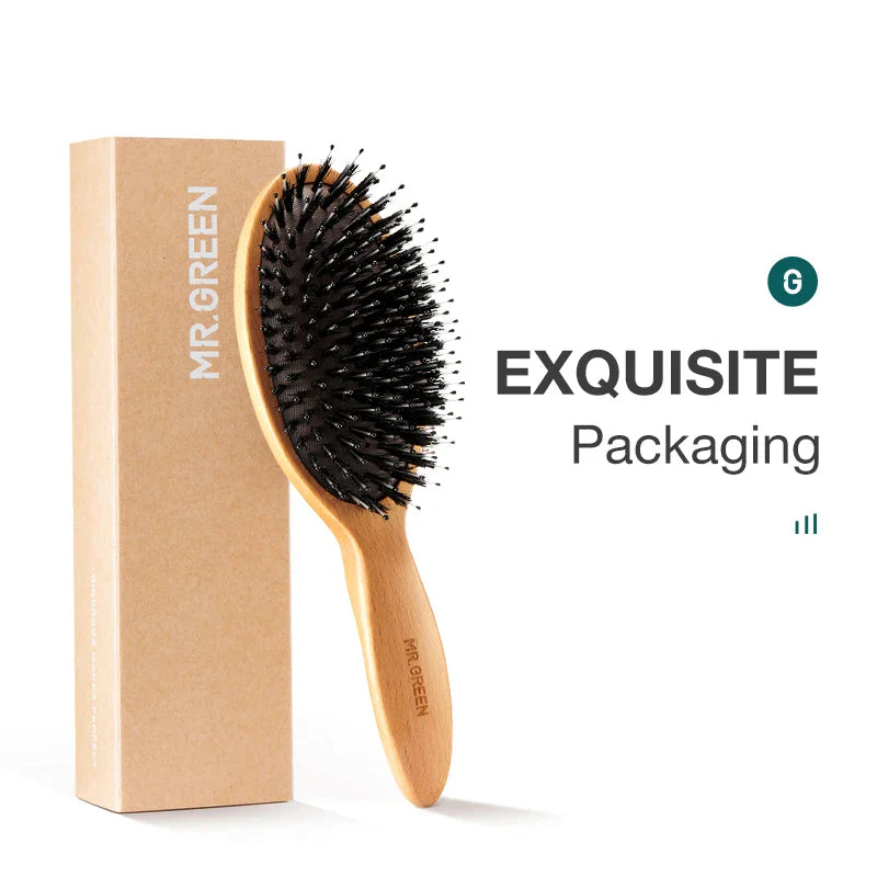 Povei Boar Bristle Hair Brush & Comb Set for Curly Thick Long Hair