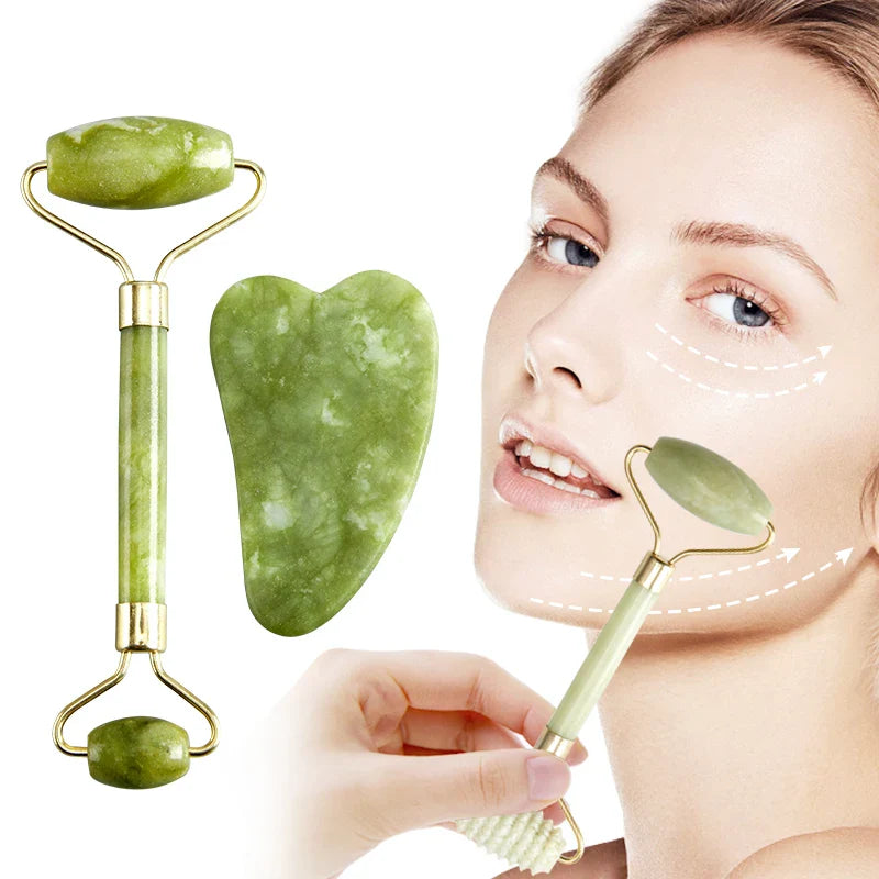 Povei Jade Stone Facial Gua Sha Roller Scraper for Beauty Lifting & Firming