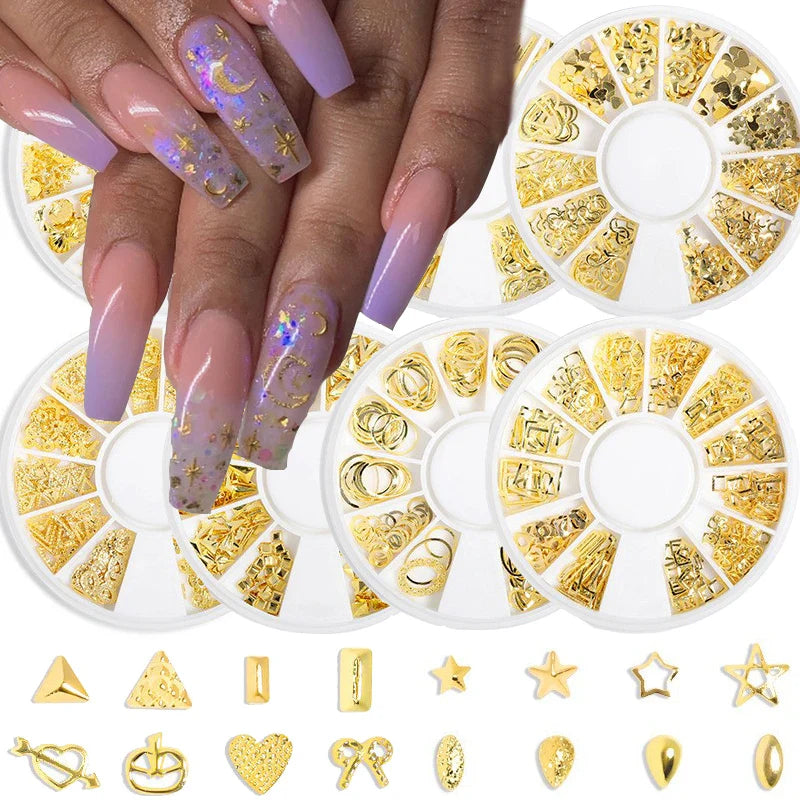 Povei 3D Mixed Rivets Nail Art Tips Moon Star Ocean Gold Irregular Alloy Rivet