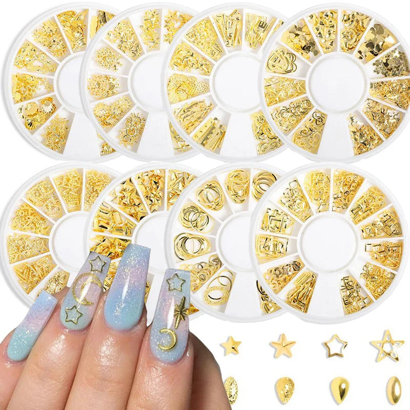 Povei 3D Mixed Rivets Nail Art Tips Moon Star Ocean Gold Irregular Alloy Rivet