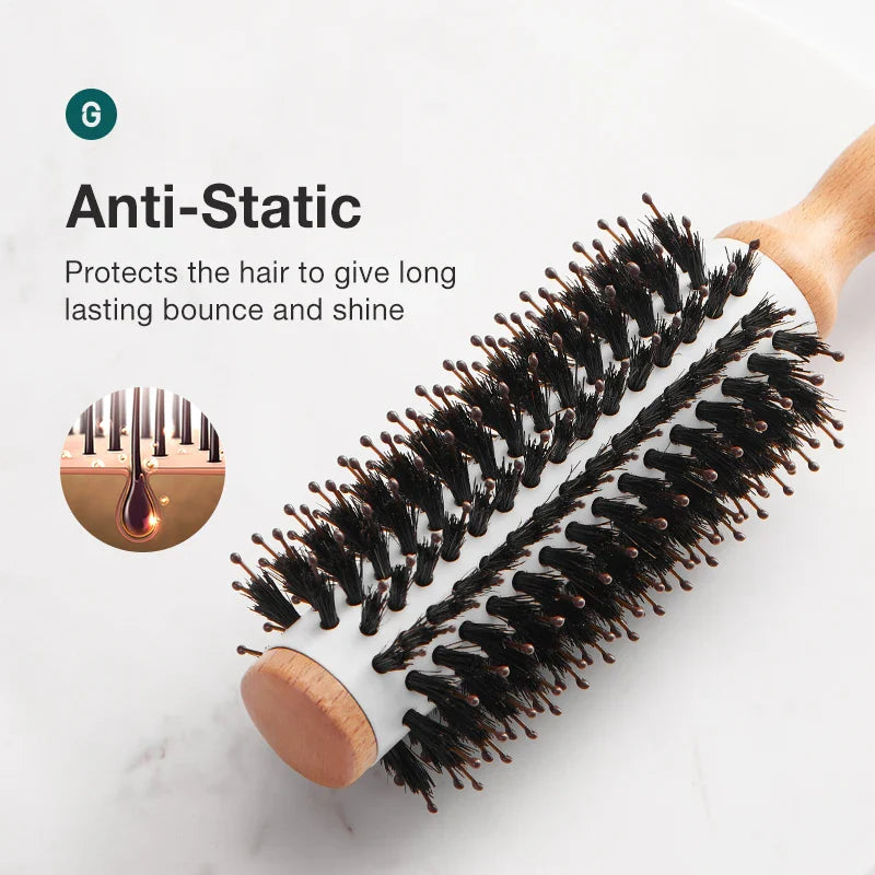 Povei Boar Bristles Round Hair Brush for Long Curly Hair - Natural Wooden Detangling Comb