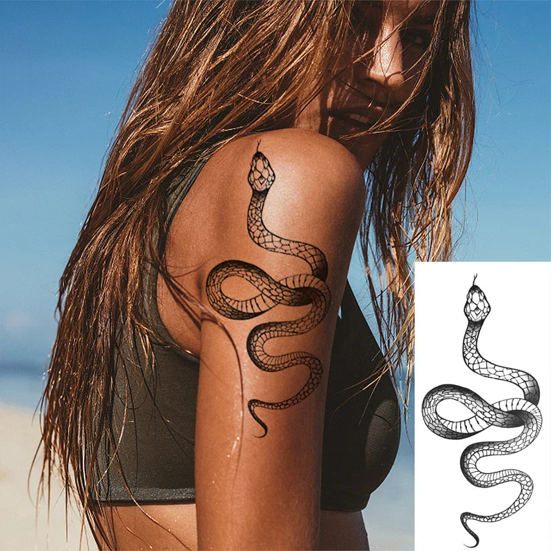 Povei Black Snake Arm Tattoo Stickers Large Size Men Women Waterproof Long Lasting