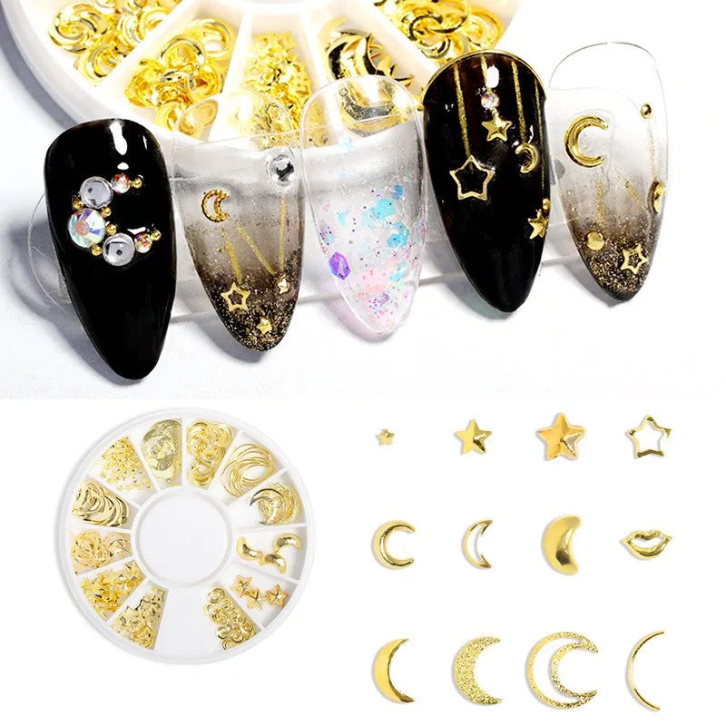 Povei 3D Mixed Rivets Nail Art Tips Moon Star Ocean Gold Irregular Alloy Rivet