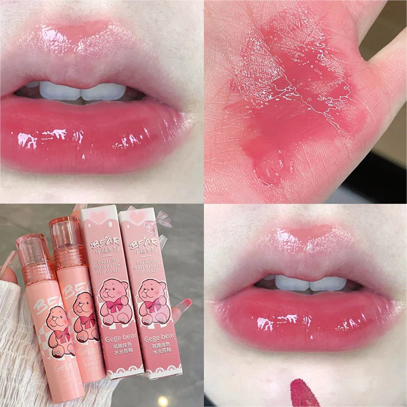 Povei Cute Bear Jelly Lip Gloss Mirror Red Lip Glaze - Moisturizing Liquid Lipstick