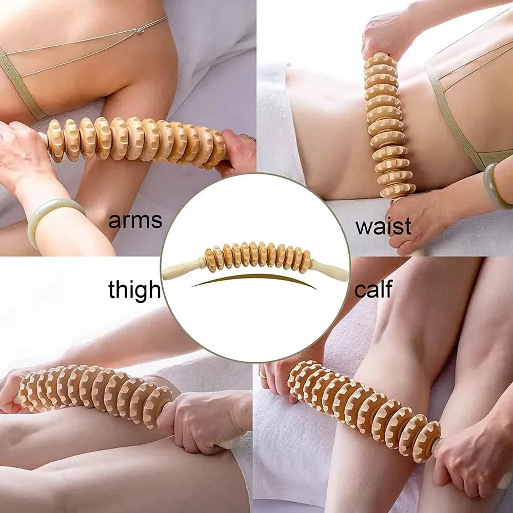 Povei Wood Curved Massage Roller Stick for Cellulite Drainage & Muscle Relaxation