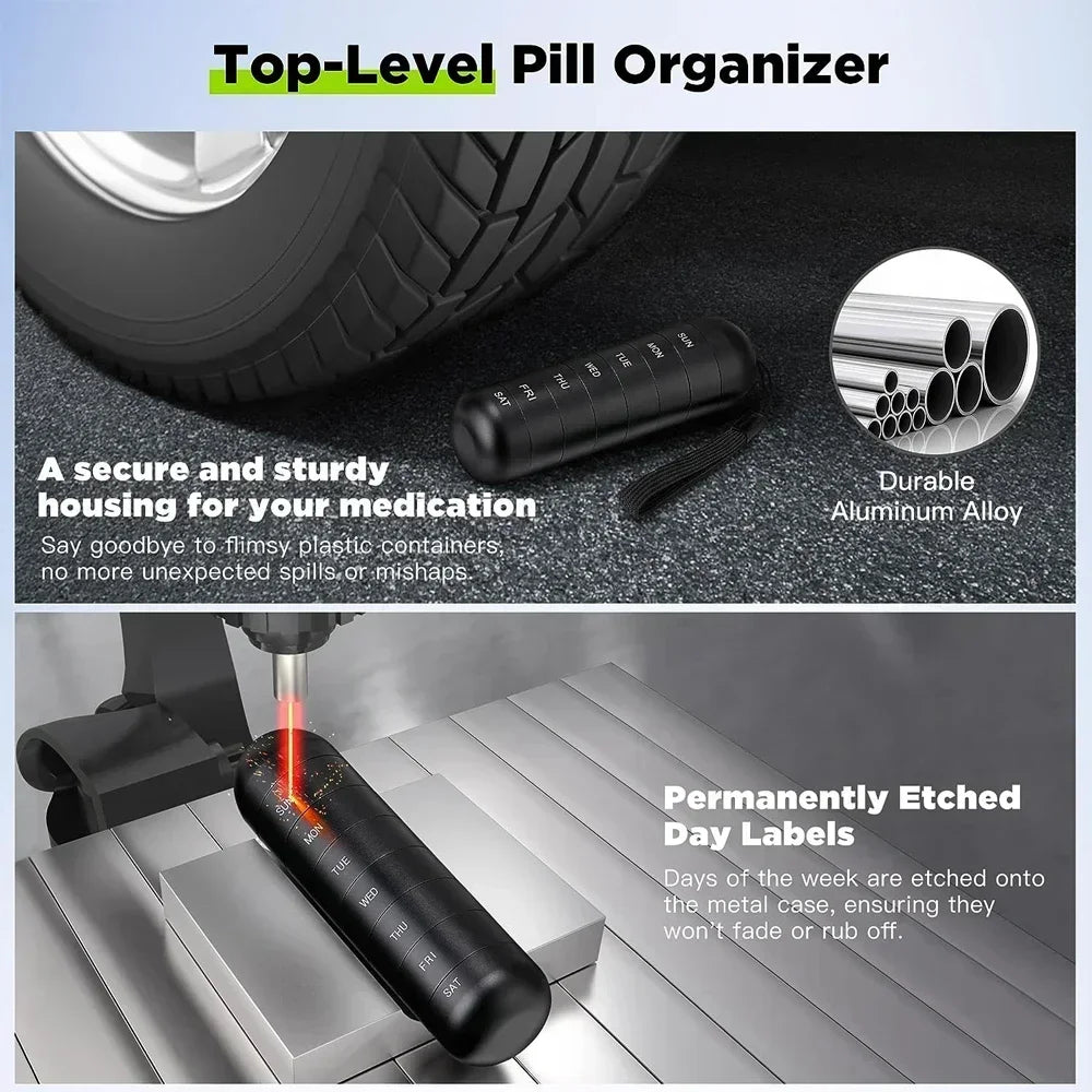 Povei 7 Day Metal Pill Organizer - Portable Daily Pill Box Aluminum Alloy