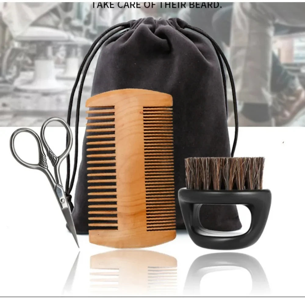 Povei Beard Grooming Kit: Brush, Scissors, Comb Set & Bag