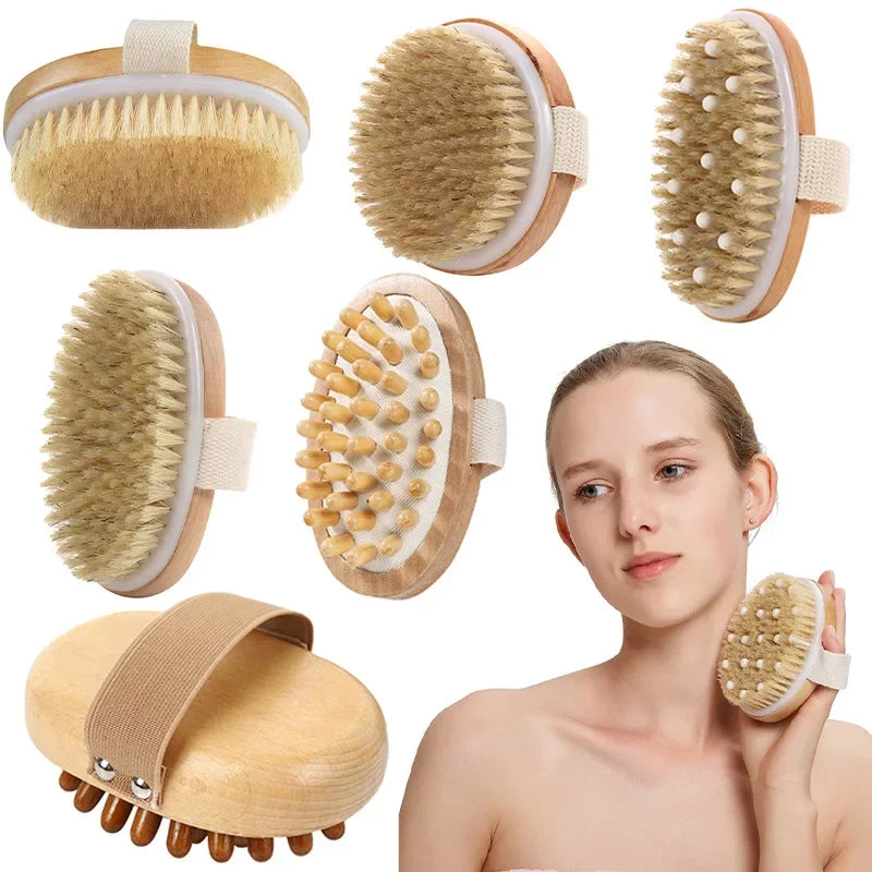 Povei Dry Skin Body Massage Brush Natural Bristle Exfoliates Anti Cellulite Blood Circulation