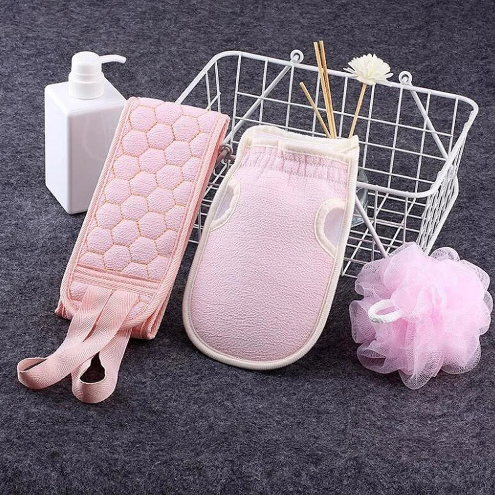 Povei Body Scrubber Gloves Exfoliating Bath Brush Towel Massager Set