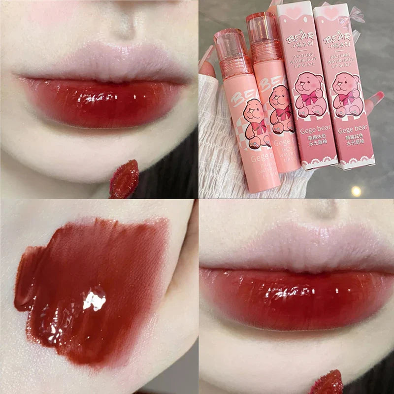 Povei Cute Bear Jelly Lip Gloss Mirror Red Lip Glaze - Moisturizing Liquid Lipstick