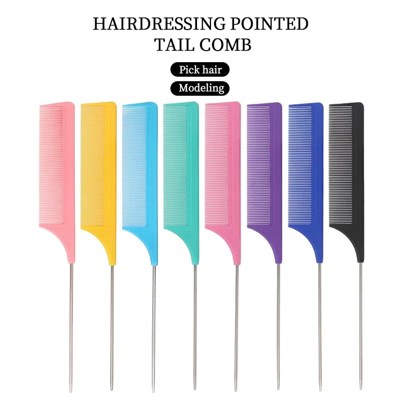 Povei Colorful Fine-Tooth Comb Metal Pin Hair Style Rat Tail Comb