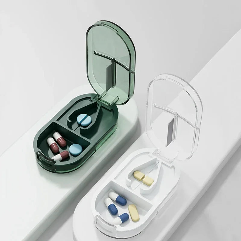 Povei Portable Pill Cutter Box Sealed Medicine Holder Splitter Transparent Box