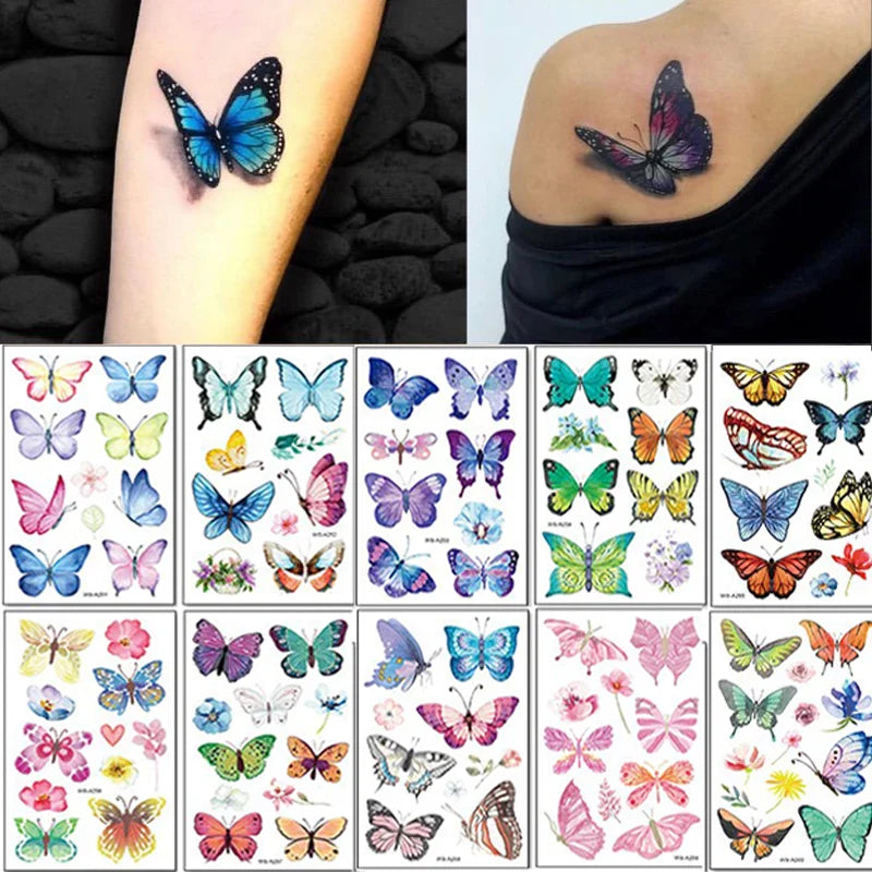 Povei 3D Colorful Butterfly Temporary Tattoo Sticker Set for Women Body Art