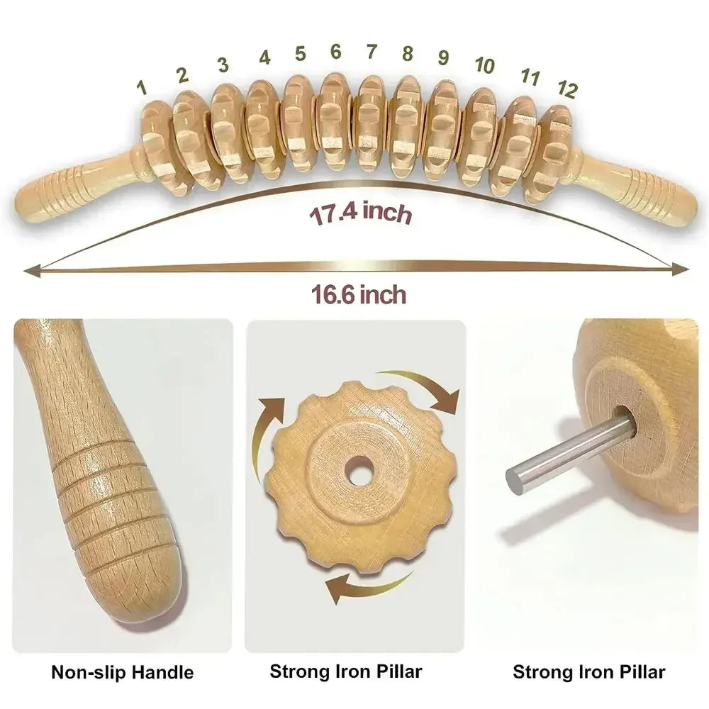 Povei Curved Wood Therapy Massage Roller for Cellulite Relief and Muscle Stress Release.