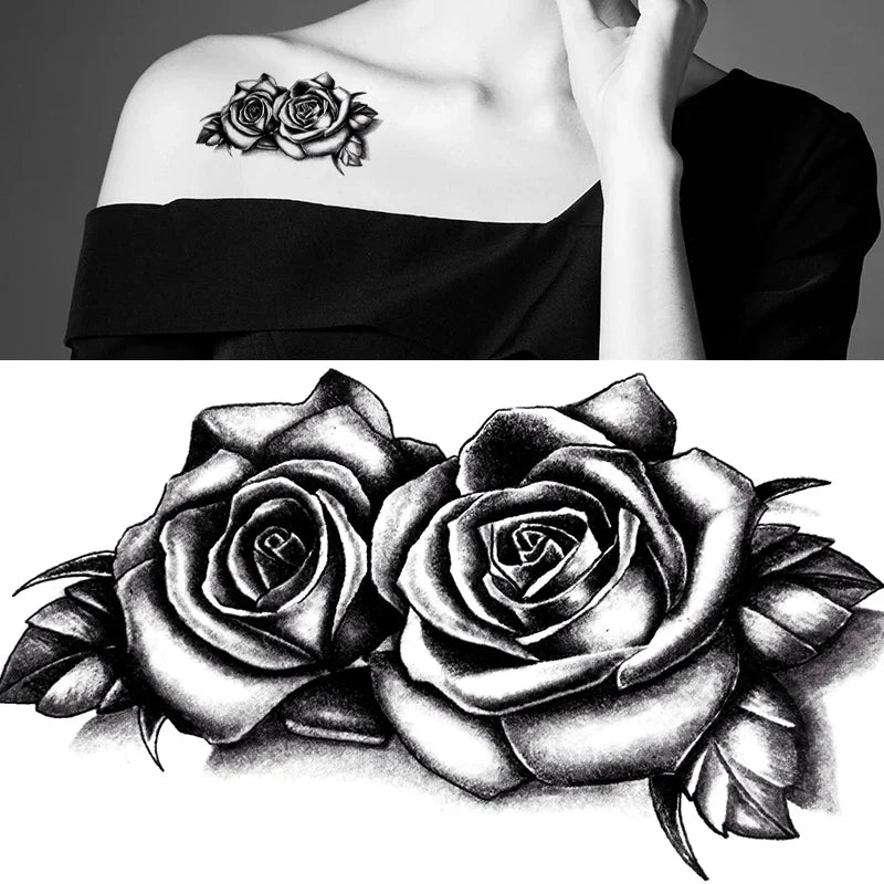 Povei Double Rose Temporary Tattoo Sticker - Waterproof Flower Flash Body Art