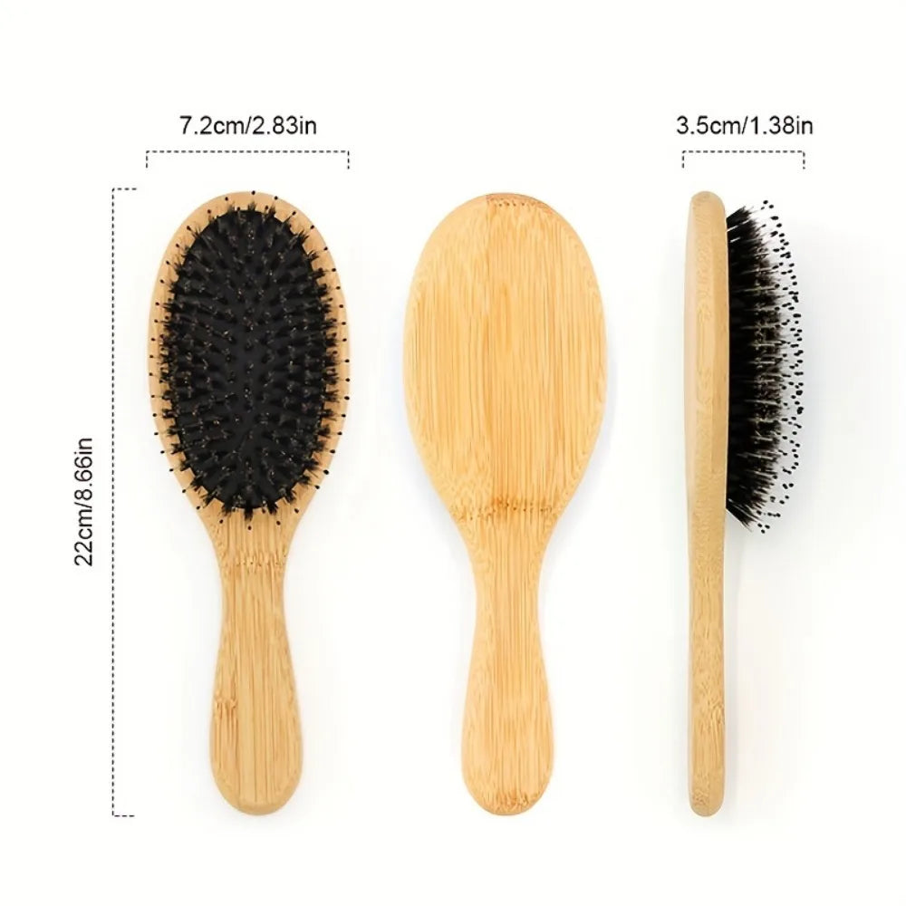 Povei Bamboo Boar Bristle Hair Brush Gasbag Detangling Comb Scalp Massage Styling Brush