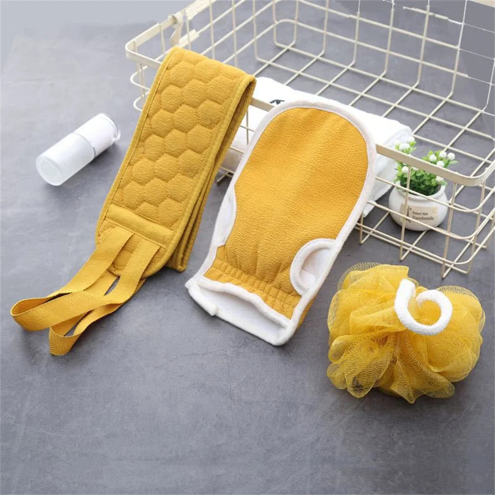 Povei Body Scrubber Gloves Exfoliating Bath Brush Towel Massager Set