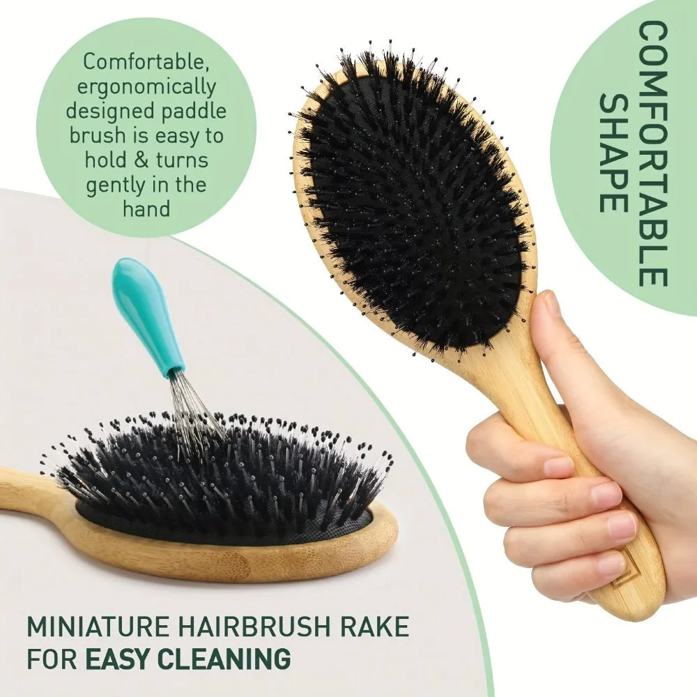 Povei Bamboo Boar Bristle Hair Brush Gasbag Detangling Comb Scalp Massage Styling Brush