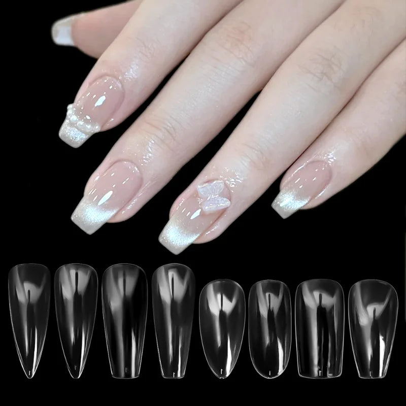 Povei Clear Full Coverage Fake Nail Tips Ballerina Stiletto Coffin Shape Acrylic Extension