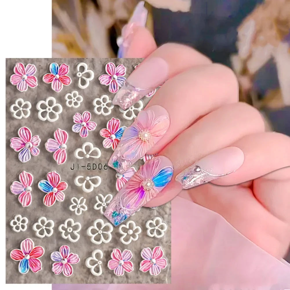 Povei Embossed Gold Frame Nail Stickers Geometric Flowers Manicure Decals