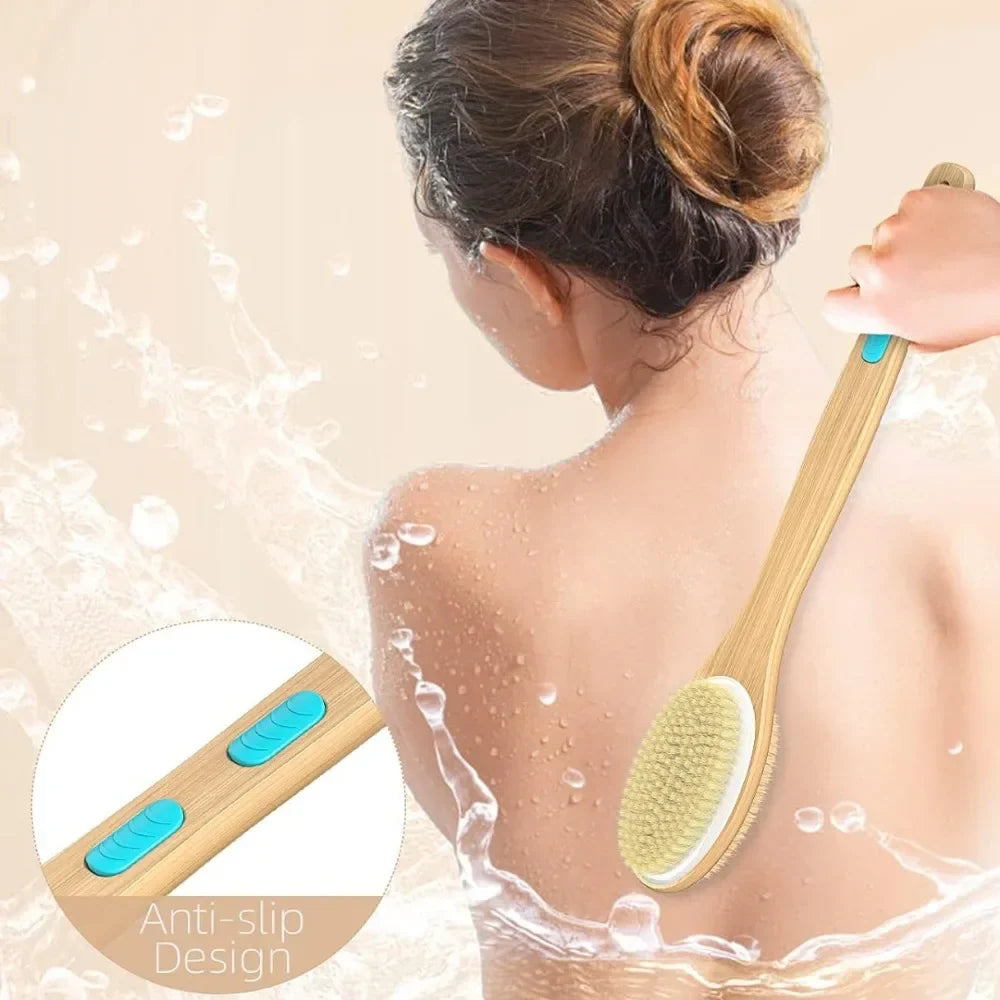 Povei Back Scrubber Wooden Handle Brush for Exfoliating Body Massage Skin Cleaning