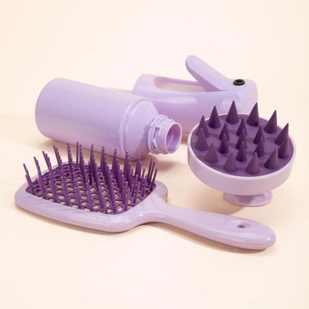 Povei Silicone Scalp Massage Brush Hairdressing Detangler Spray Bottle Kit