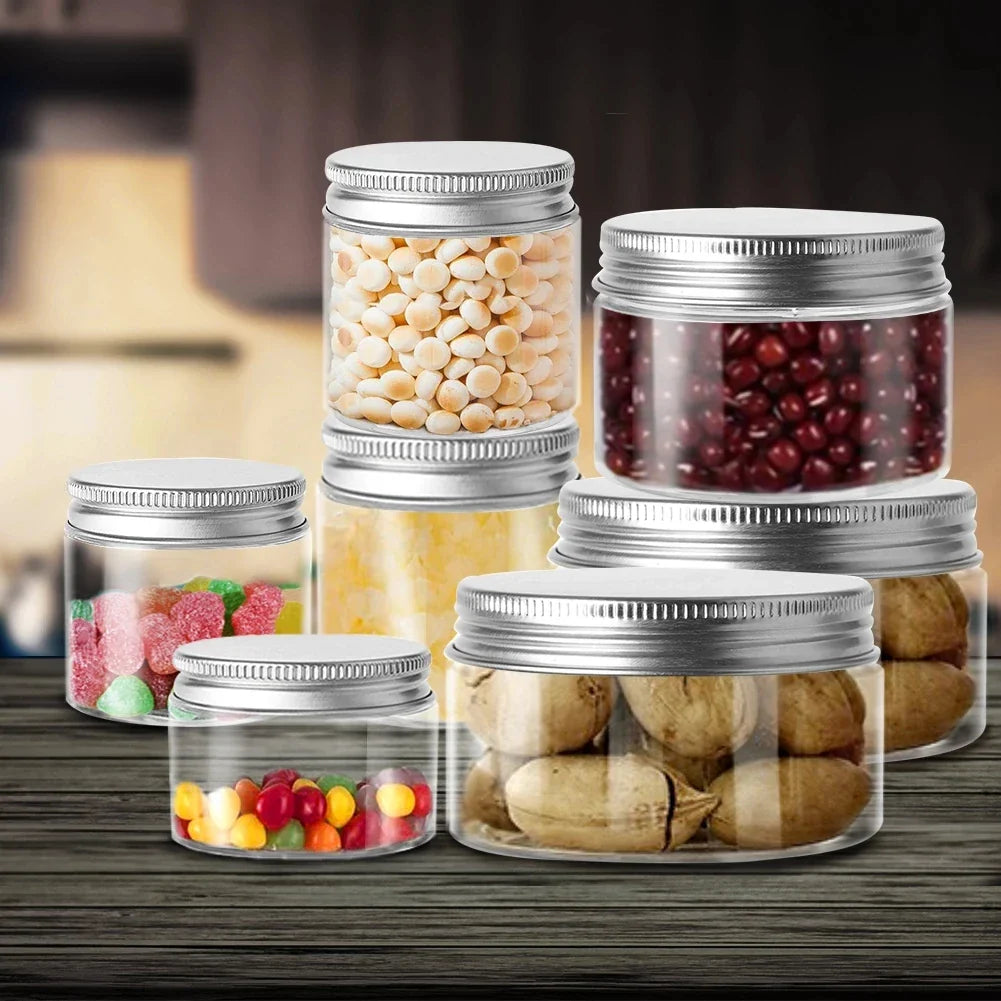 Povei Clear Plastic Storage Jar with Aluminum Lid - Various Sizes