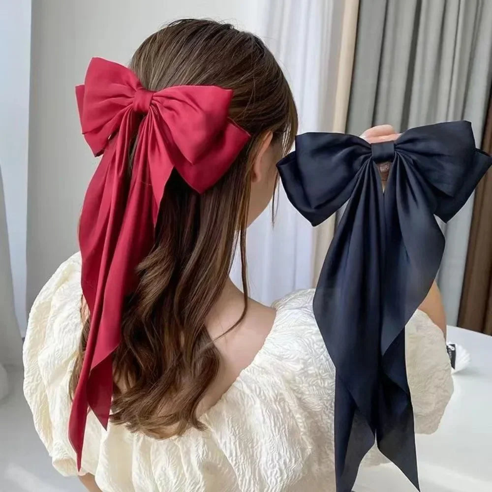 Povei Ribbon Bow Hair Clip: Elegant Korean Style Ponytail Barrette Headwear