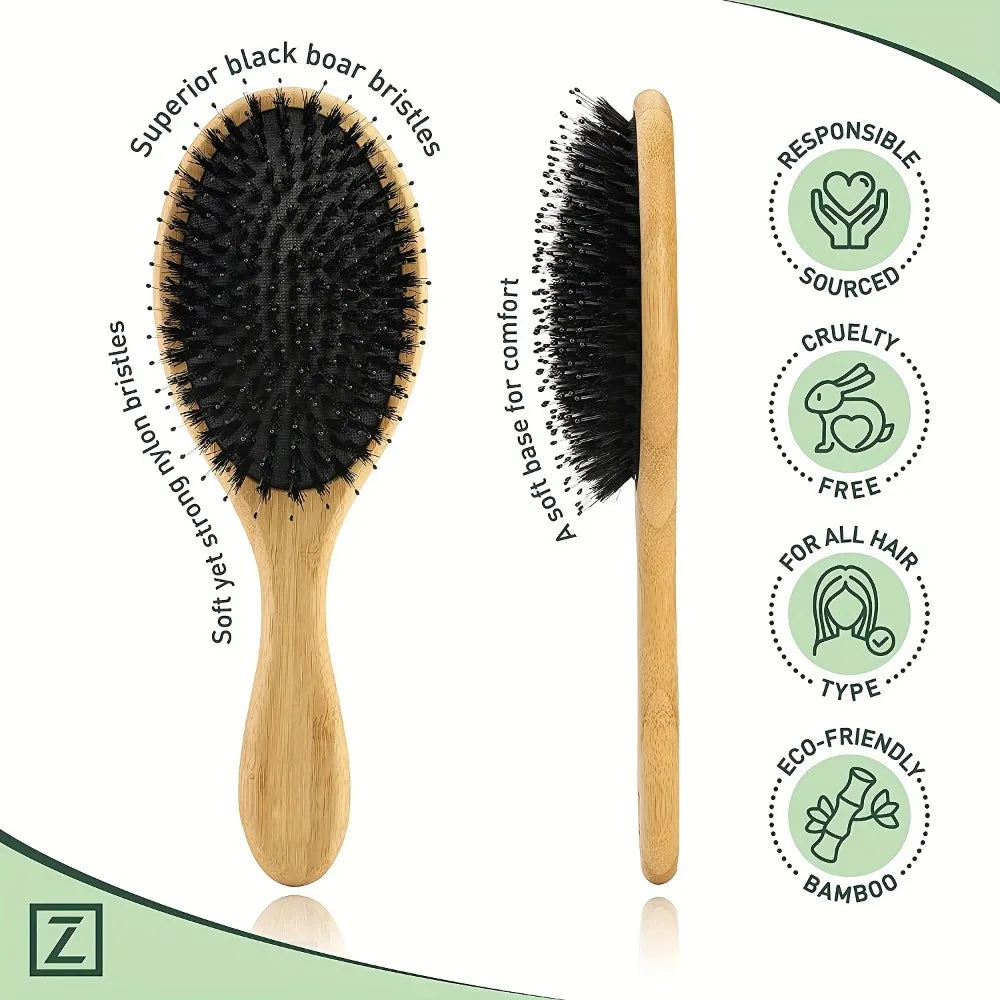 Povei Bamboo Boar Bristle Hair Brush Gasbag Detangling Comb Scalp Massage Styling Brush