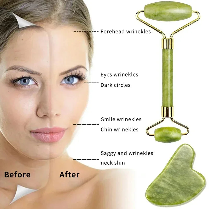 Povei Jade Roller & Gua Sha Set for Face & Body Massage