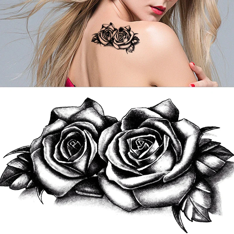 Povei Double Rose Temporary Tattoo Sticker - Waterproof Flower Flash Body Art