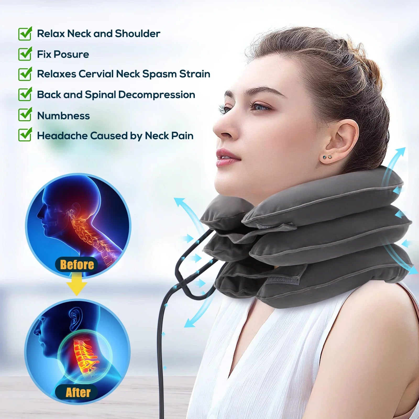 Povei Cervical Support Pillow Neck Massager Air Pump Inflatable Collar Traction Brace