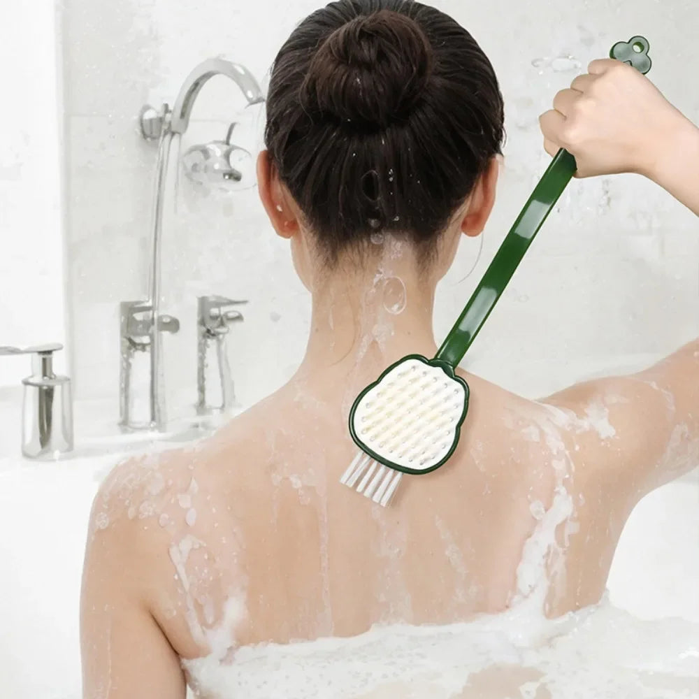 Povei 3-in-1 Bath Brush Shampoo & Body Scrub Massager - Exfoliating, Long Handle