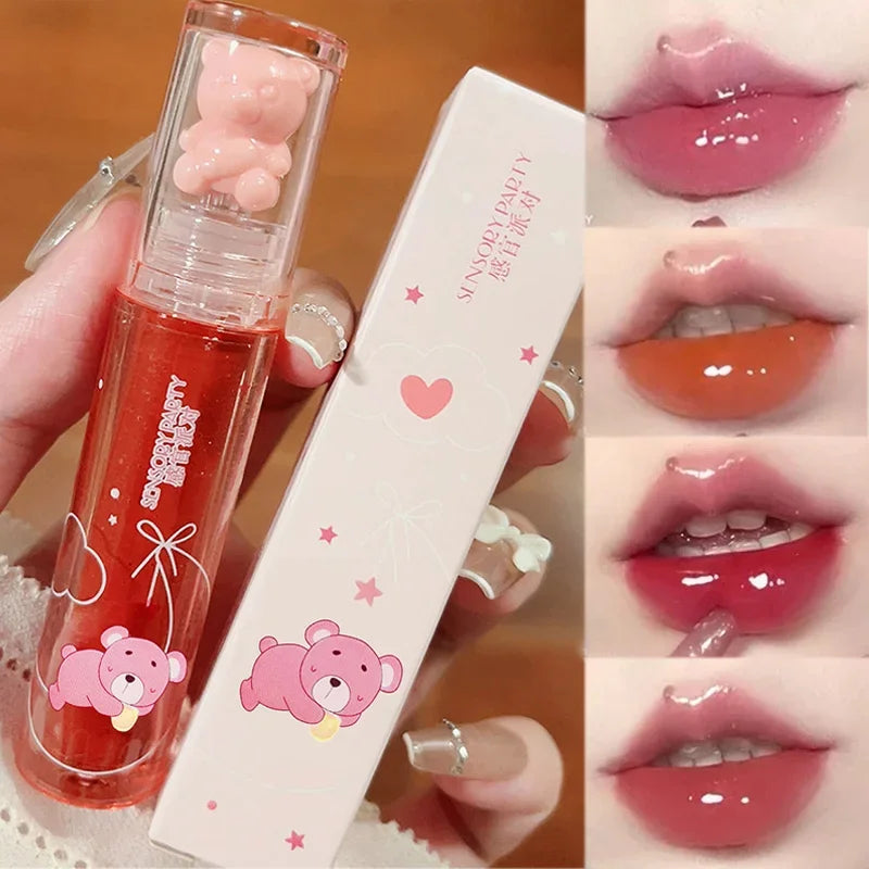 Povei Crystal Pink Bear Lip Gloss - Long-Lasting Mirror Lipstick