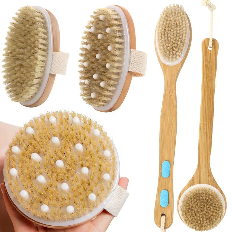 Povei Dry Skin Body Massage Brush Natural Bristle Exfoliates Anti Cellulite Blood Circulation