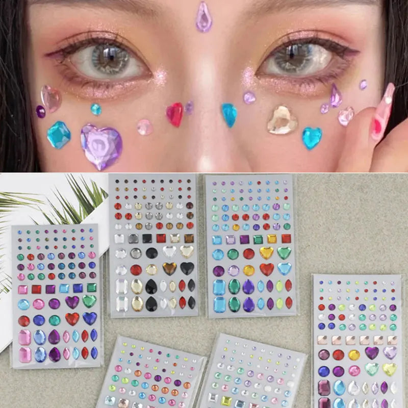 Povei 3D Face Jewels Rhinestone Mixed Jewelry Stickers Face Gems Eyebrow Nail Craft