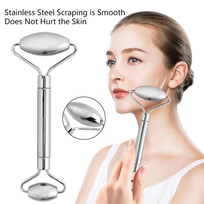 Povei Stainless Steel Facial Roller & Gua Sha Set for Anti-Wrinkle Face Massage