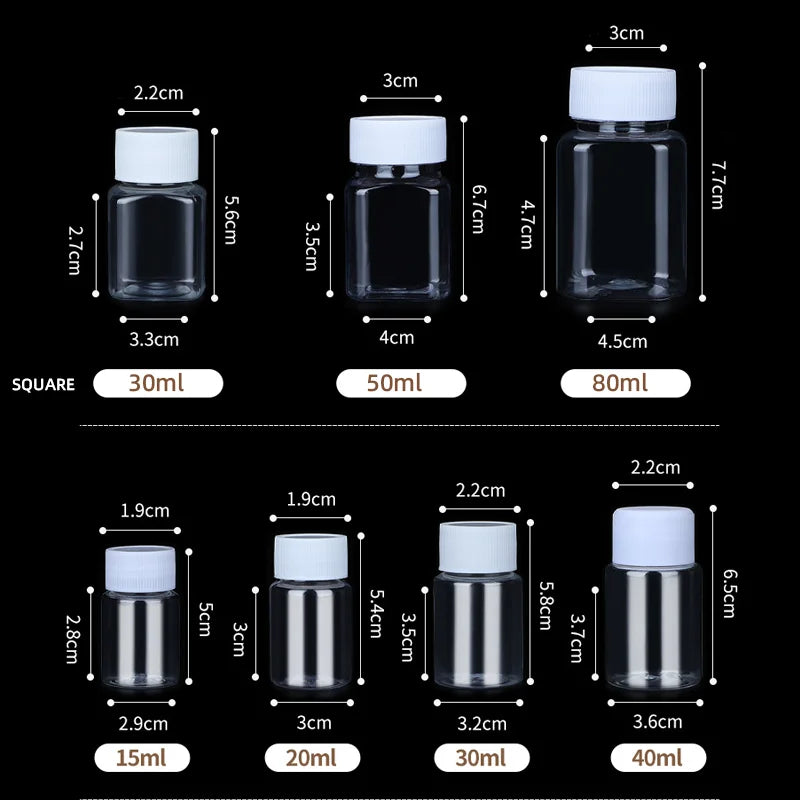 Povei Clear PET Seal Bottles for Pills, Reagents & Medicine - Various Sizes