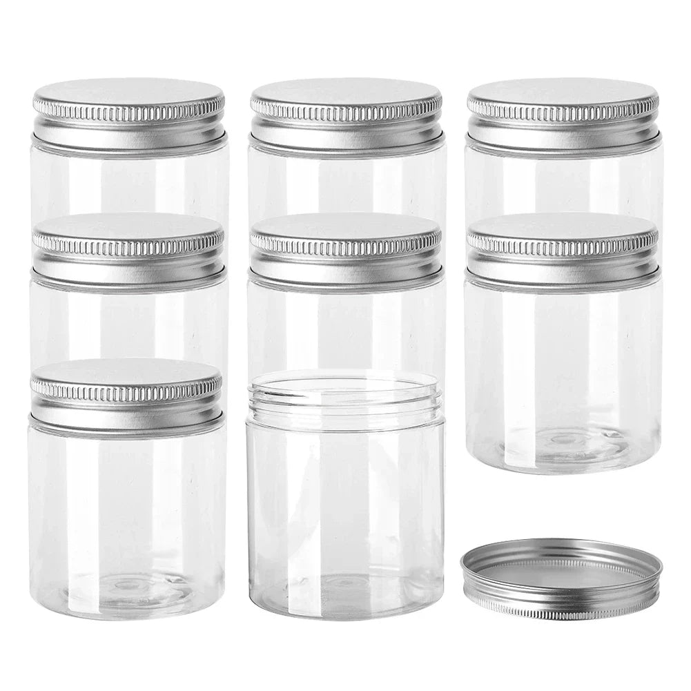 Povei Clear Plastic Storage Jar with Aluminum Lid - Various Sizes