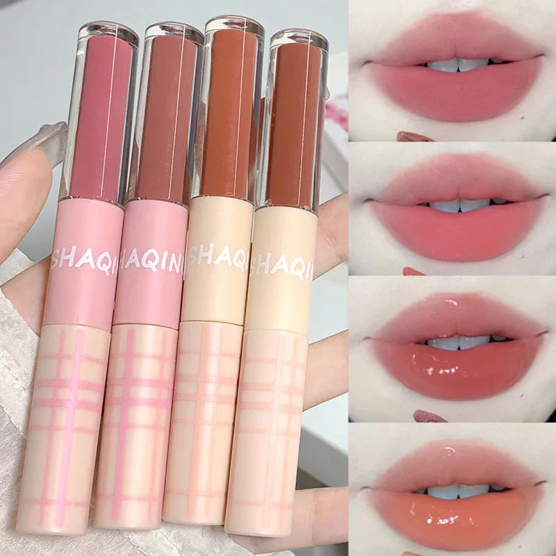 Povei Double Head Lip Gloss Mirror Full Matte Velvet Lasting Liquid Lipstick