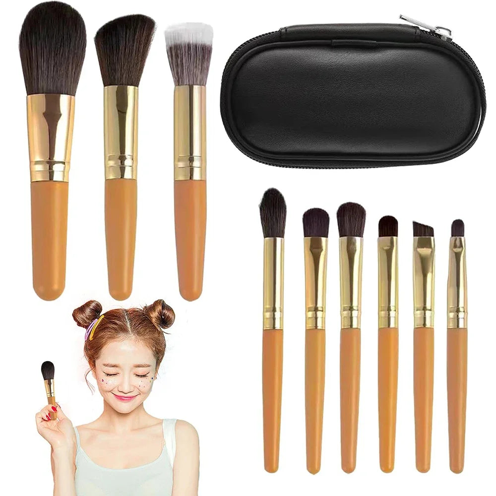 Povei Mini Makeup Brush Set in Travel Bag - Beauty Tools for Foundation, Blush, and Eyeshadow