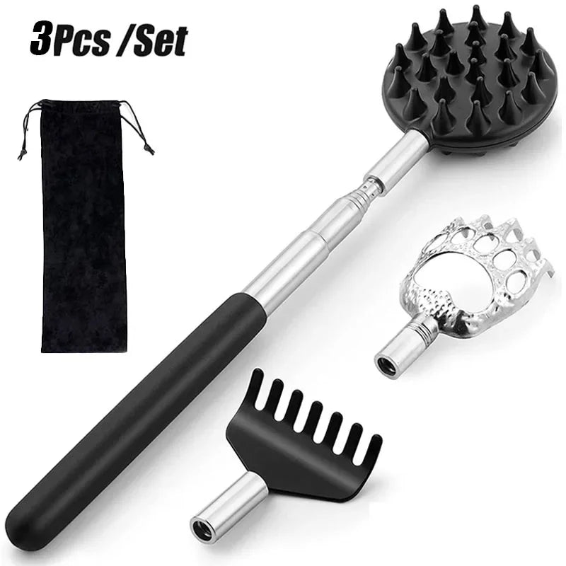 Povei Stainless Steel Telescoping Back Massager with 3 Detachable Scratching Heads