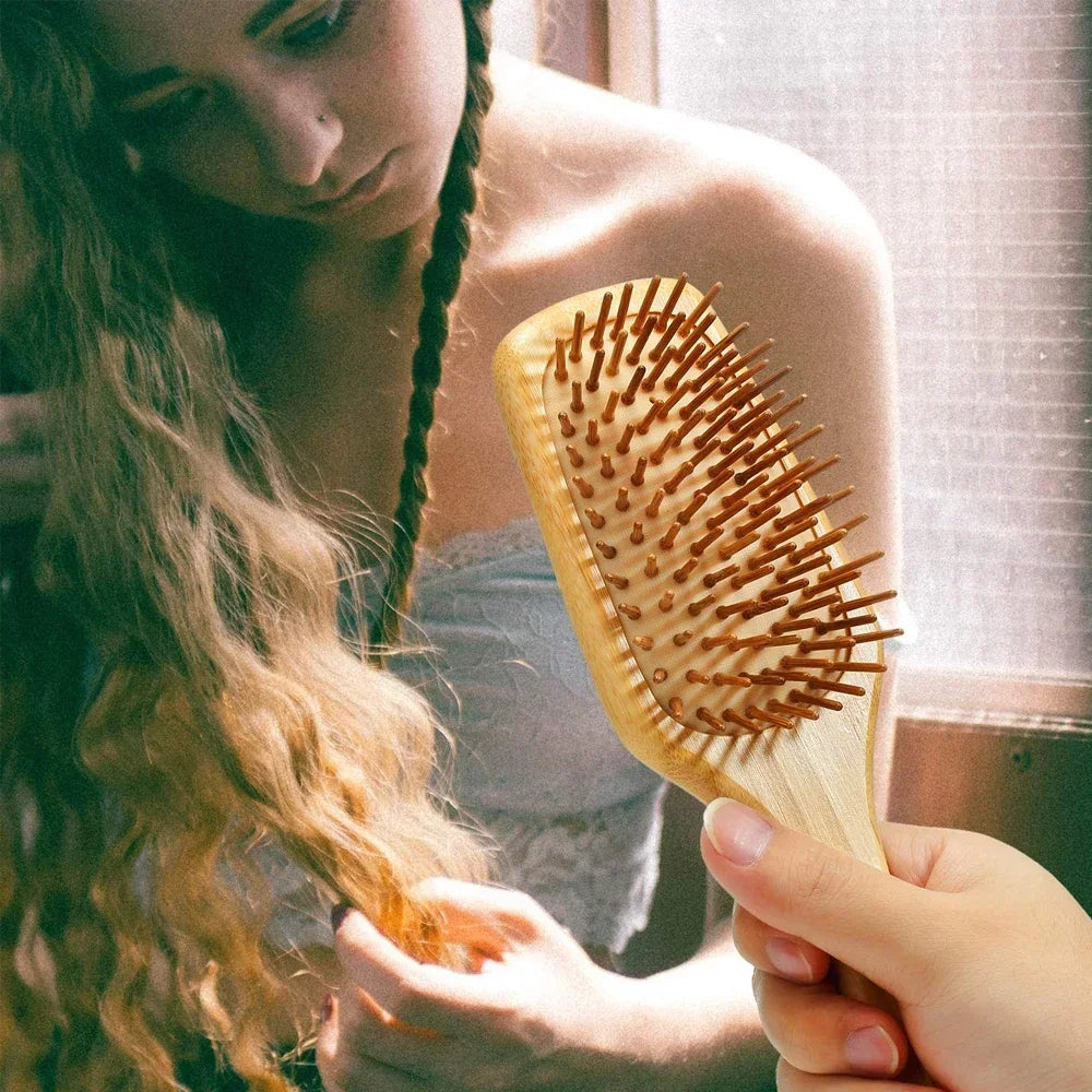 Povei Bamboo Paddle Hair Brush for Women, Thick Bristles, Scalp Massaging Hairbrush