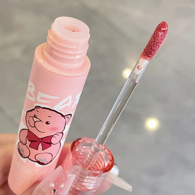 Povei Cute Bear Jelly Lip Gloss Mirror Red Lip Glaze - Moisturizing Liquid Lipstick