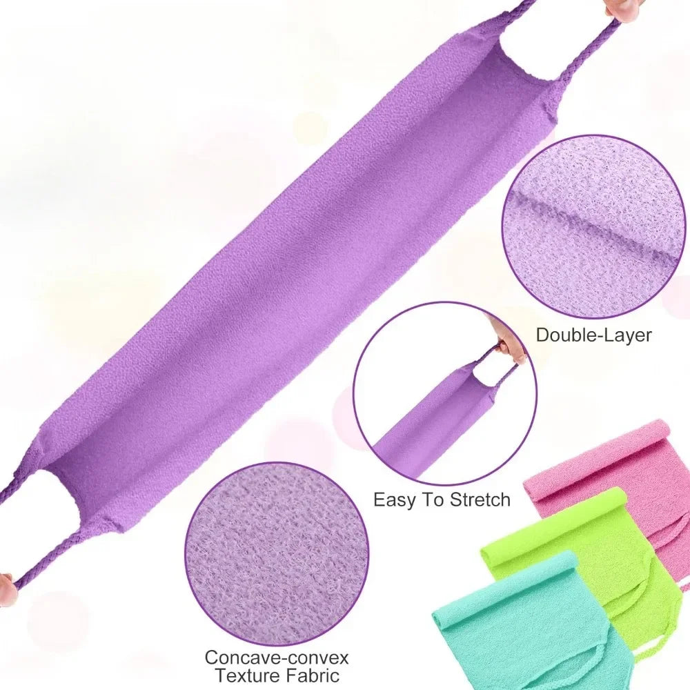 Povei Nylon Back Exfoliator Scrubber with Extended Length and Stretchable Pull Strap