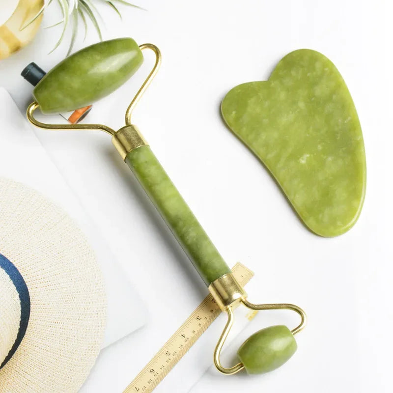 Povei Jade Roller & Gua Sha Set for Facial and Body Massage