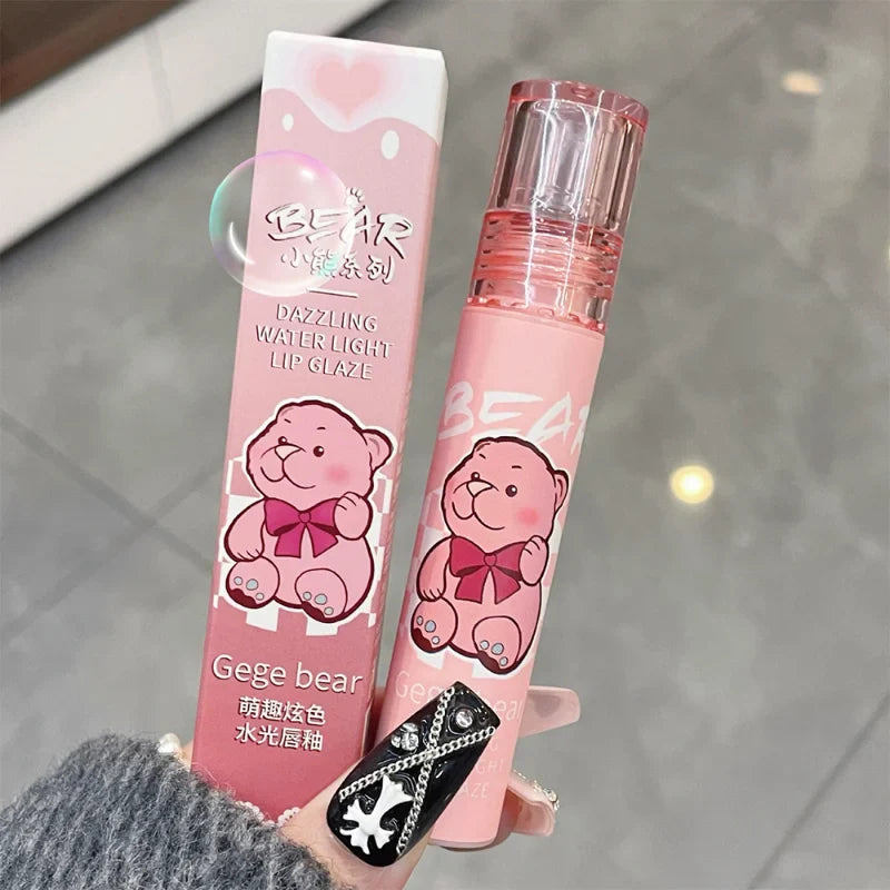 Povei Cute Bear Jelly Lip Gloss Mirror Red Lip Glaze - Moisturizing Liquid Lipstick