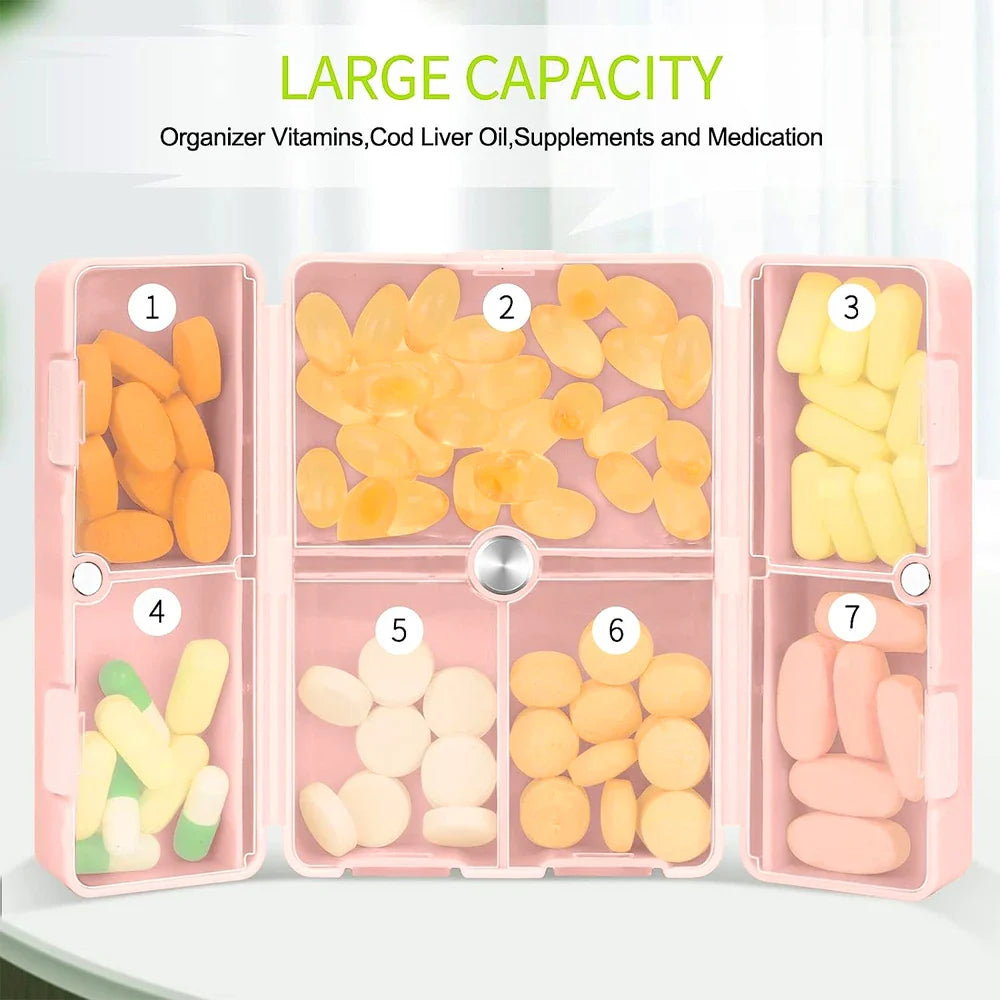 Povei Travel Pill Organizer - 7 Compartments Portable Box for Vitamins, Medication